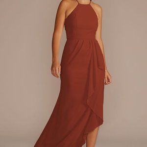high-neck chiffon bridesmaid dress with cascade ****color is cinnamon****